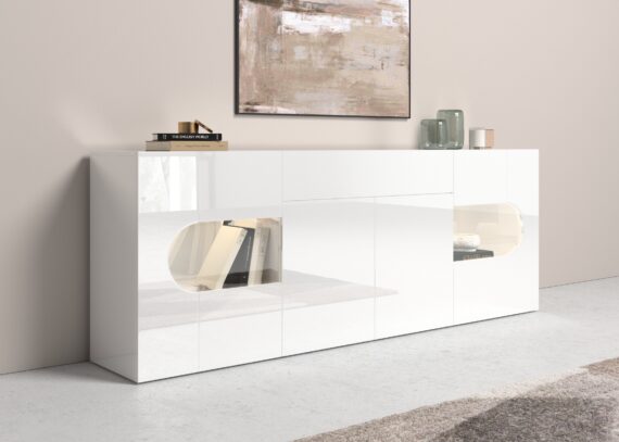 INOSIGN Sideboard "Real,Vitrine,Kommode,Schrank,Breite 220 cm komplett hochglanz lackiert", mit 4 Türen davon 2 Glastüren und 1 schublade ohne Griff