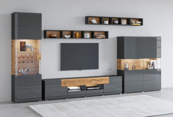 INOSIGN Wohnwand "Toledo,Breite 384cm stilvolle Mediawand ohne Beleuchtung", (Set, 5 St.), Anbauwand(Vitrine,Lowboard,Highboard,2xHängeregal)MDF Hochglanzfronten