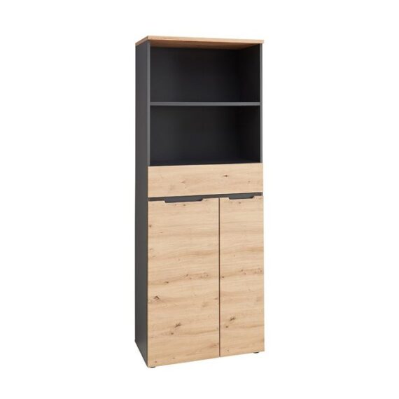 Lomadox Aktenschrank MANRESA-36 mit 2 Fächern, 1 Schublade, 2 Türen, graphit mit Eiche, 75cm breit