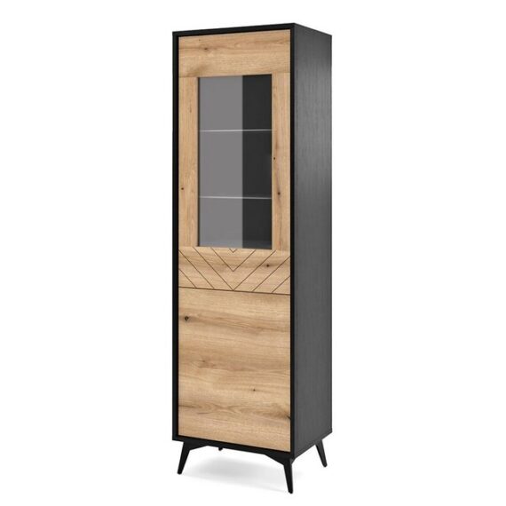 Lomadox Vitrine DALE-160 Vitrinenschrank Standvitrine schwarz mit Eiche 54x178x39 cm