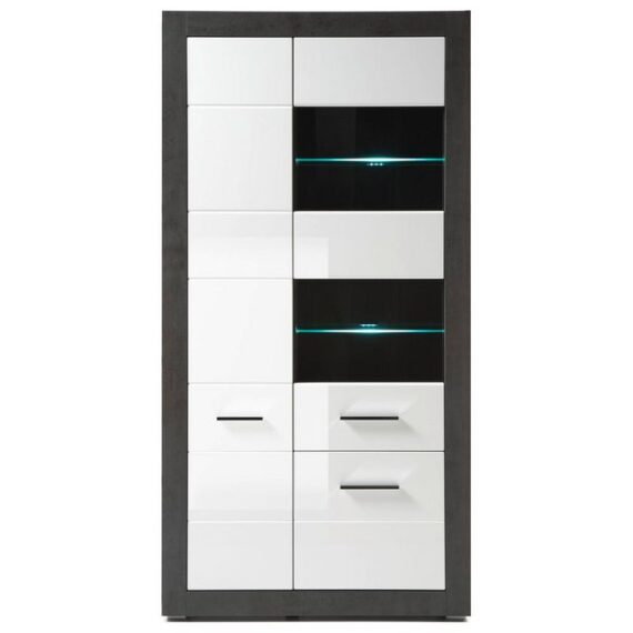 Lomadox Vitrine ETON-61 nschrank in Hochglanz weiß mit Betonoptik dunkel mit LED 100/198/35cm