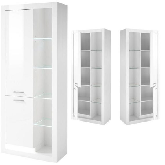 Lomadox Vitrine MAILAND-61 nschrank in Hochglanz weiß inkl. LED-Beleuchtung, B/H/T: 80/195/37cm