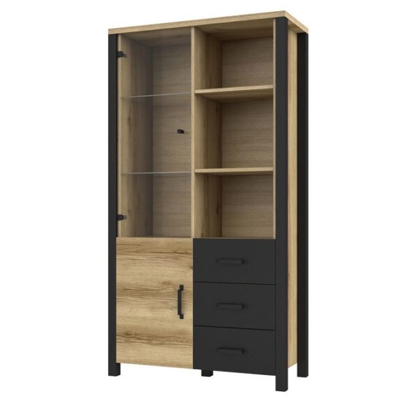 Lomadox Vitrine ORADEA-83 Grand Natural Oak Nb. mit schwarz supermatt 101/191/43 cm