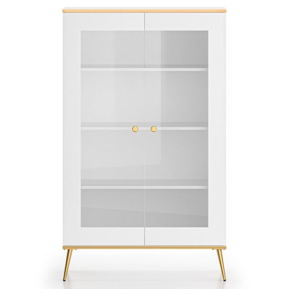 Lomadox Vitrine VLORA-131 Highboard mit Glasfront, weiß mit goldfarbigen Griffen, 92cm hoch