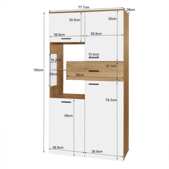 MODFU Vitrine mit LED-Beleuchtung (Multifunktionsregal, Hochglänzende Schrank, 1-St., 150*40*78cm) mit Glasböden, ausreichend vertikalen Platz