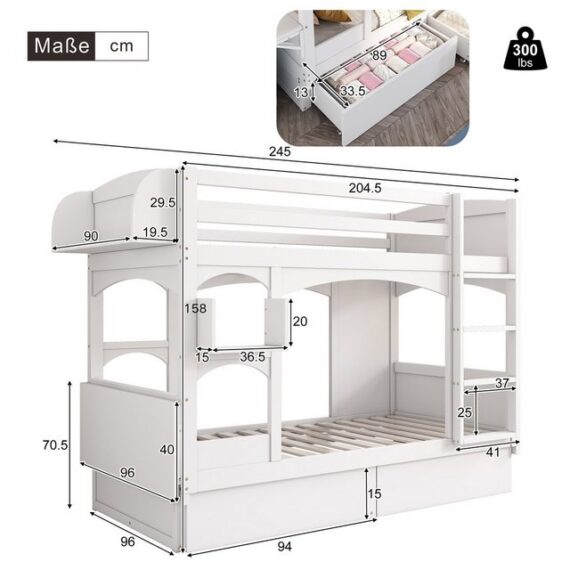 PHOEBE CAT Etagenbett (mit Lattenrost), Kinderbett mit klappbarem Schreibtisch, Regal, 2 Schubladen, 90*200cm