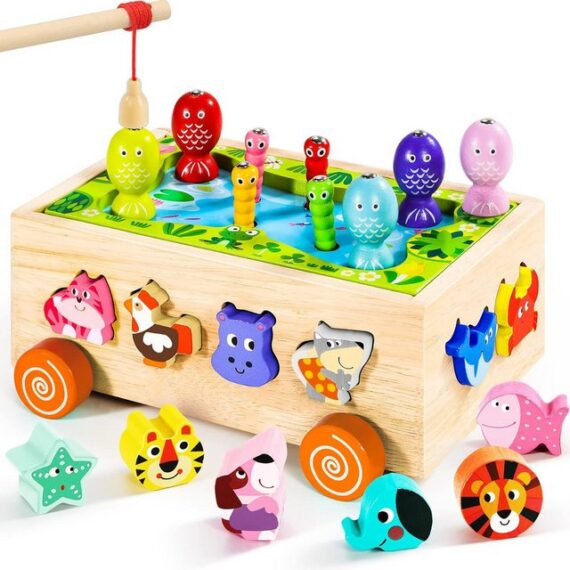 POPOLIC Magnetspielbausteine Montessori Spielzeug ab 1 2 3 Jahr, (Magnetisches Angelspiel Holzspielzeug, 6 in 1 Motorikspielzeug Lernspielzeug, Sortier- & Stapelspielzeug), 2 3 4 Jahre Mädchen Junge Kleinkind Geschenk