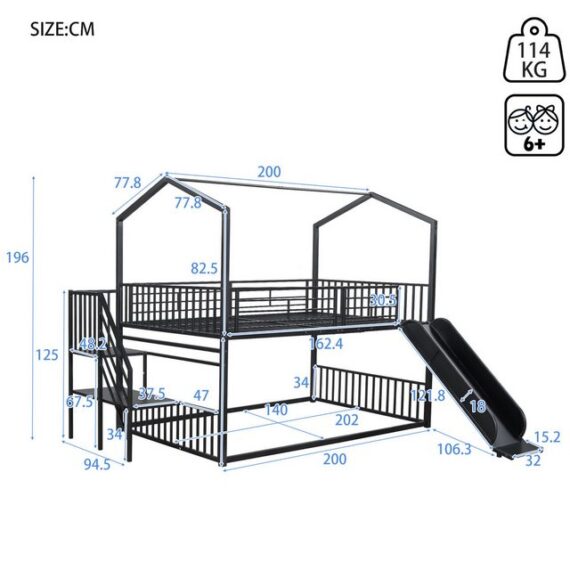 SeedWave Etagenbett Etagenbett für 2 Kinder mit Rutsche und Treppe, Hausdesign Hochbett, Metall-Stockbett, für Kinder und Jugendliche,90x200cm/140x200cm