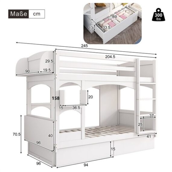 Sweiko Etagenbett (Doppelbett, multifunktionales Kinderbett, mit klappbarem Schreibtisch und Regal, mit Leiter und 2 Schubladen), 90*200 cm,Massivholz,Weiß (ohne Matratze)