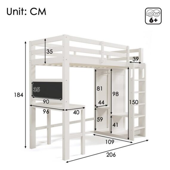 TavilaEcon Hochbett Kinderbett mit Schreibtisch Offener Kleiderschrank und Regalen Einzelbett Liegefläche 90x200 cm -109x206x184cm(BxLxH)-Weiß