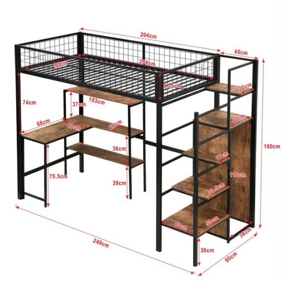 TavilaEcon Hochbett Metallbett Eisenbett Kinderbett Jugendbett Untertisch, mehrere Einlegeböden, Einbauschrank, 90x200cm