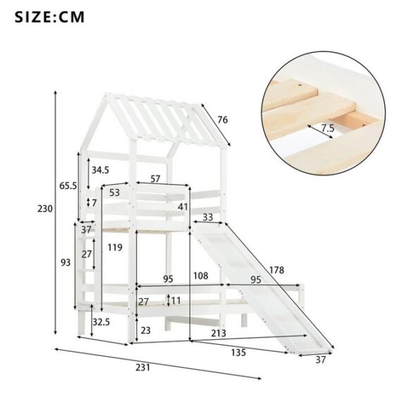 TavilaEcon Kinderbett Hausbett mit rechtwinkliger Leiter und Dach, 90x200cm & 90x100cm, Spielturmbett mit Fallschutz und Gitter, weiß