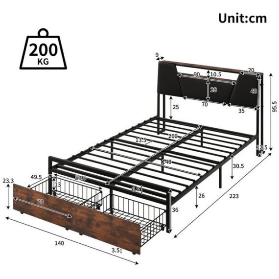 TavilaEcon Stauraumbett Flachbett Jugendbett Doppelbett mit Regalen Stufenleiter, 24-Tasten-Fernbedienung, 140x200cm