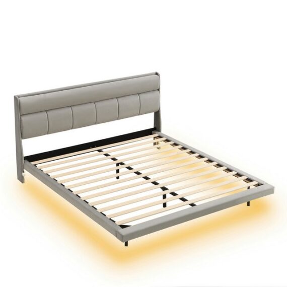 WISHDOR Polsterbett Doppelbett Kinderbett (ausgestattet mit menschlichem Sensorlicht, warm gepolstert), ohne Matratze, 180x200 cm