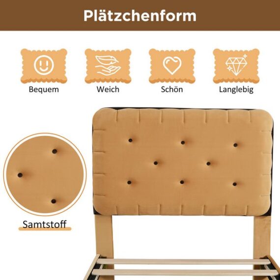 WISHDOR Polsterbett Jugendbett,Kinderbett (Keksbett mit Lattenrost und höhenverstellbar Kopfteil, 1-tlg., 90*200cm,hellbraun), aus Holz und französischer Samt