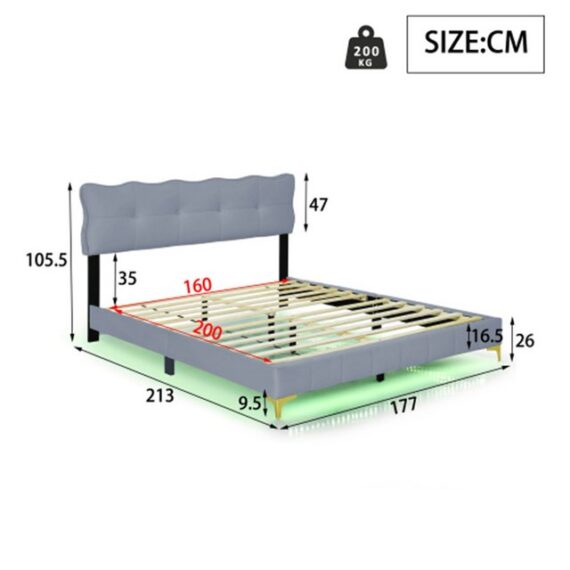 XDeer Polsterbett Polsterbett 160 x 200 cm, Jugendbett, Doppelbett mit LED-Leuchten, mit Rückenlehne mit Lattenrost Samtstoff Grau