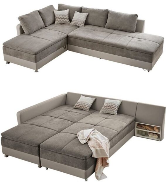 luma-home Ecksofa 15102, Dauerschläfer 306x223 cm, Schwenkteil rechts, Bettkasten, Regal, Boxspring, Federkern, Wellenunterfederung, Topper, Mikrofaser Grau Braun, Kunstleder Beige