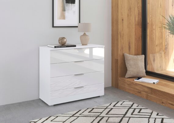 rauch Kommode "Sideboard Kommodenschrank Schubladenkommode AGORDO mit Glasfront", Breite 93 cm mit 4 Schubkästen inkl. 6er-Set Filzboxen