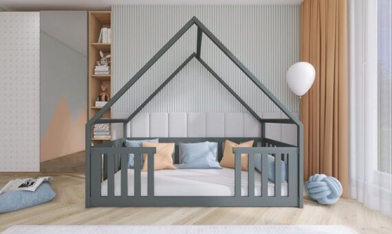 thematys Hausbett Bodenbett Kinderbett Laufstall mit Rausfallschutz (90x200cm Graphit, für Jungen und Mädchen), auch als Babybett geeignet