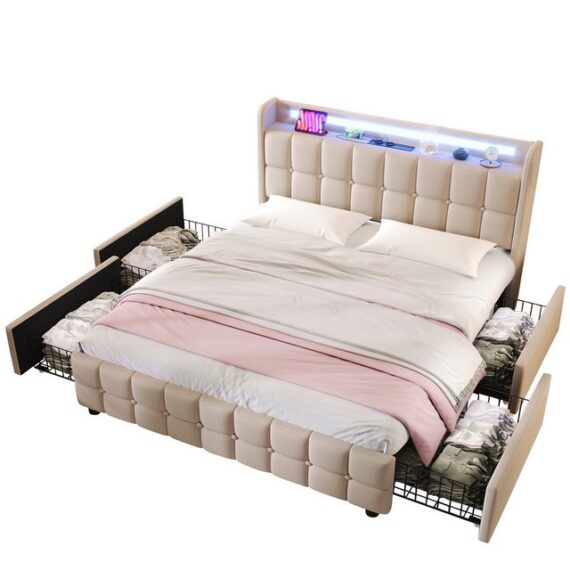 DOPWii Polsterbett Doppelbett mit USB Ladefunktion Kopfteil,LED-Beleuchtung,4 Schubladen, 140x200cm Stauraumbett Bettgestell,Lattenrost aus Holz,Ohne Matratze