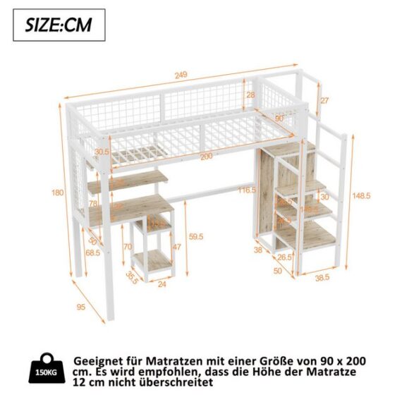 Flieks Hochbett Kinderbett 90x200cm mit Tisch/Leiter/Regal/Kleiderschrank (ohne Stuhl)