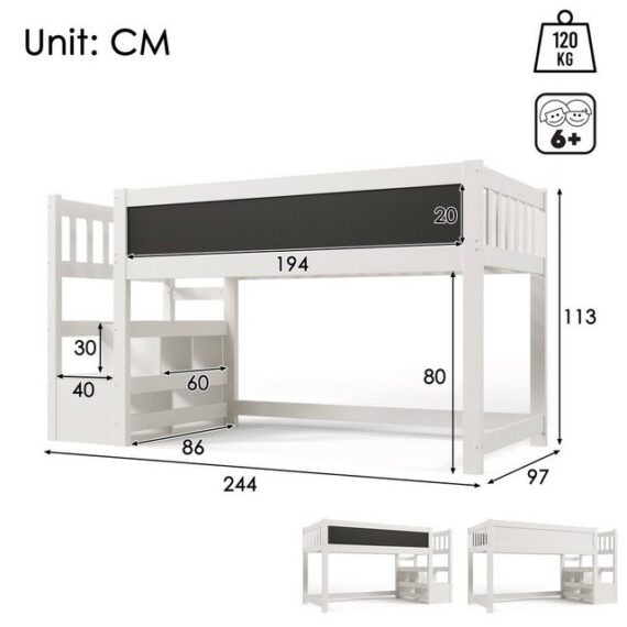 Flieks Kinderbett, Massivholz Hochbett mit Tafel und Stauraumtreppe 90x200cm