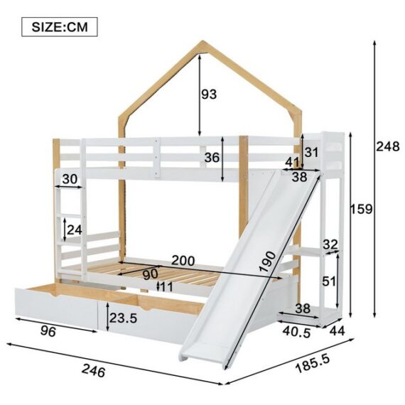 HAUSS SPLOE Etagenbett 90x200cm mit Lichtstreifen, 2 Schubladen, Stufen, Dach weiß+Natur (vier gerade Stufen, Unterbettschublade mit Laufschienen, Kinderbett mit Dach und Fenster, 90x200cm), ohne Matratze