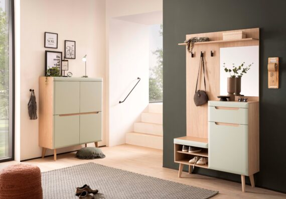 Home affaire Garderoben-Set "Torge, Garderobe mit Stauraum, Garderobenschrank im Scandic Design", (Set, 2 St.), enthält Highboard und Garderobe mit Spiegel, in zwei Farben