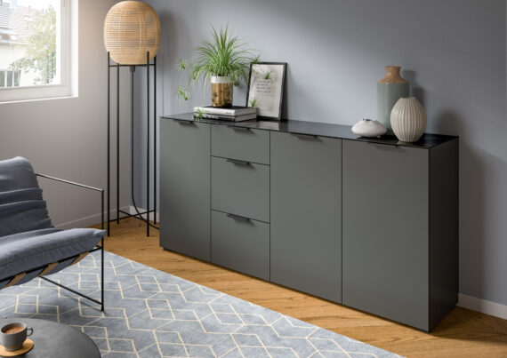 INOSIGN Sideboard "Raio, Breite 179 cm, 3 Türen, 3 Schubkästen, Oberboden mit Glasplatte", Anrichte, Kommode, Schrank