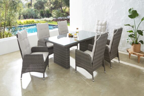 KONIFERA Garten-Essgruppe "Casablanca", (Set, 7 tlg., 6x Sessel, 1x Tisch 180x90x74 cm, Stahl/Polyrattan), inkl. Auflagen