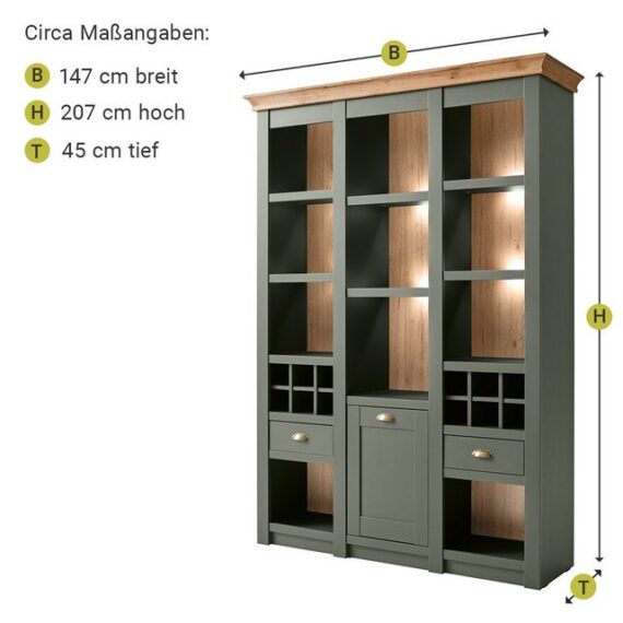 Lomadox Buffet CINCINNATI-61 Anrichte & Esstisch in grün mit Wotaneiche inkl. LED