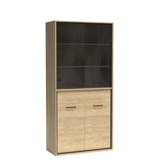 Lomadox Vitrine MEGARA-161 Wohnzimmerschrank Standvitrine Schrank modern braun mit Eiche Hickory