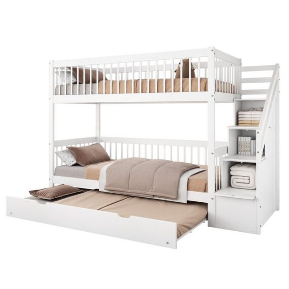 Rutaqian Kinderbett Etagenbett mit Rollbett, Kinderbett mit Leiterschrank und Handlauf (Doppelbett , Platzsparend,Holzlattenrost,(Matratze Nicht enthaltet), mit Fallschutzgitter an allen Seiten, Kiefer+MDF, Weiß, 90x200/190cm