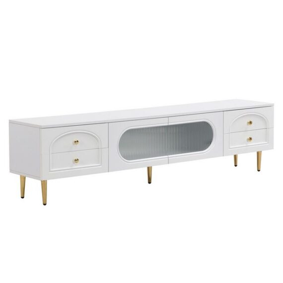 Rutaqian TV-Schrank Lowboard Fernsehschrank mit 4 Schubladen, 2 transparenten Glastüren (Wohnzimmer-TV-Schrank, Goldenen Griffen und Goldenen Füßen,175x35x45 cm, TV-Regal für Wohnzimmer, Esszimmer und Schlafzimmer)