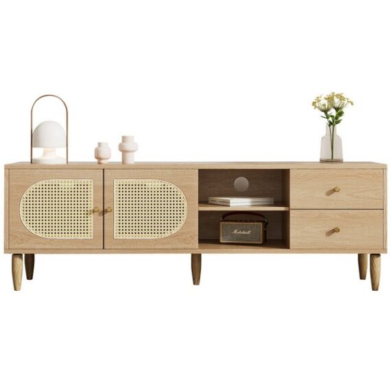 Rutaqian TV-Schrank Rattan-TV-Schrank Für bis zu 60 Zoll Fernseher, 150x40x50 cm (Fernsehschrank mit 2 Türen, 2 Fächer und 2 Schublade, TV-Konsolentisch,Höhenverstellbarem Regal und Kabelmanagement) Unterschrank,Unterschrank für Wohnzimmer,TV-Lowboards