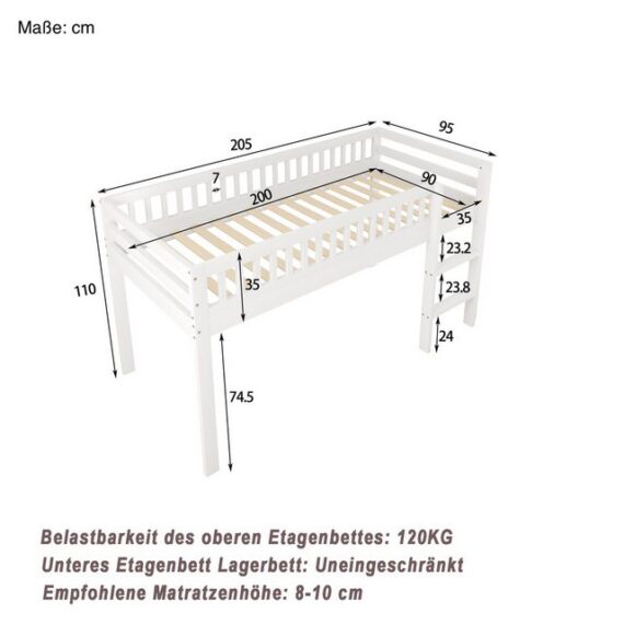 SOFTWEARY Hochbett mit Lattenrost, Leiter und Rausfallschutz (90x200cm) Kinderbett, Jugendbett, Kiefer