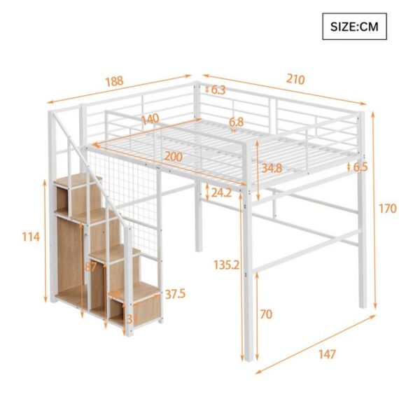SeedWave Hochbett Metall-Hochbett mit Stauraum-Stufen, Etagenbett mit sicherer Treppe