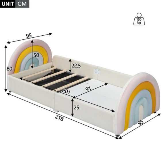 TavilaEcon Kinderbett Holz Regenbogen Polsterbett für Mädchen (mit integrierten Stauräumen), 90x200cm