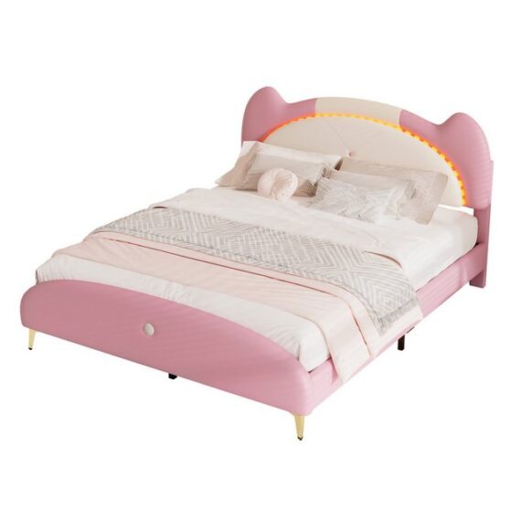 TavilaEcon Polsterbett Kinderbett Jugendbett mit LED-Streifen, weicher Schwamm + PU-Leder, Beige+Rosa, 140x200cm