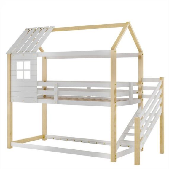 XDeer Etagenbett Etagenbett, Bett mit Ecktreppe, Hausbett, Kinderbett mit, Fallschutz und Gitter, mit Fenster, Rahmen aus Kiefer