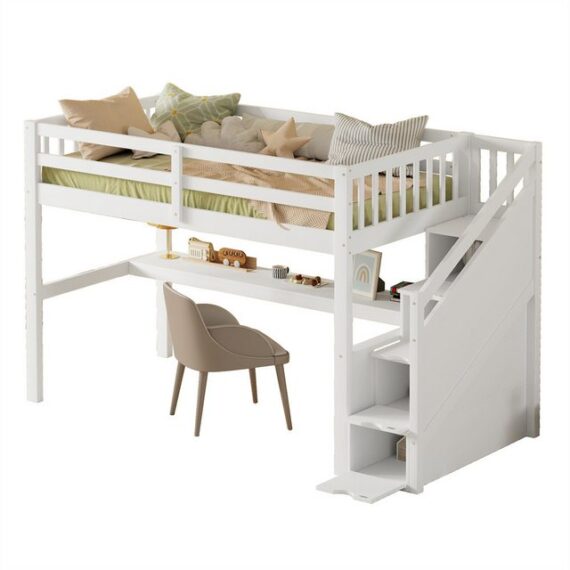 XDeer Hochbett 90 x 200 Kinderhochbett mit Stauraumschubladen und Unterbettschreibtisch, Weiß