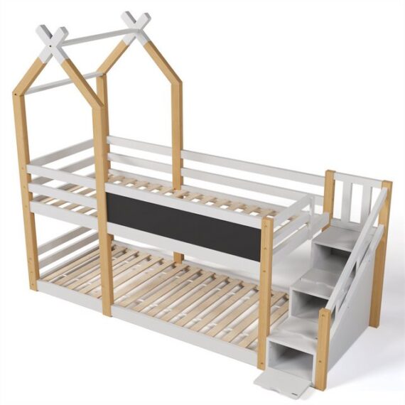 XDeer Jugendbett Kinderbett Baumhaus inkl.Tafel Bett mit Speicherung und, Rausfallschutz 90 x 200 cm, Hochbett für Kinder- 2x Lattenrost