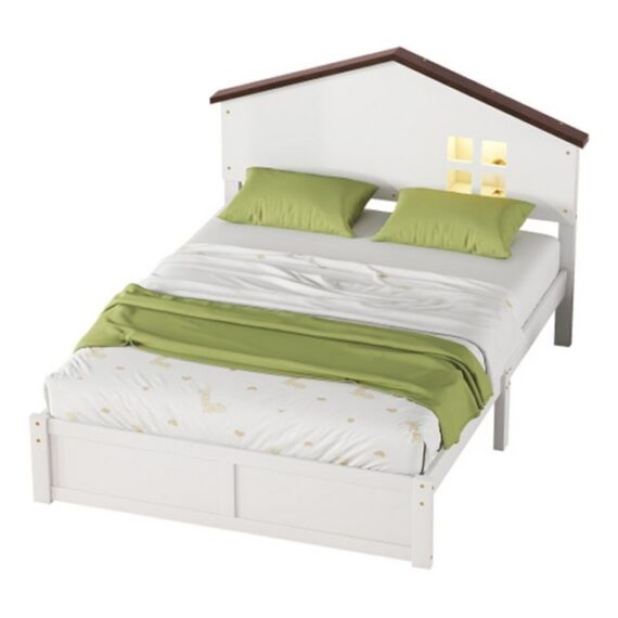 XDeer Kinderbett Hausförmiges Kinderbett, flaches Bett, kleine Fensterdekoration, LED-Nachtlicht, Massivholz, 140*200cm