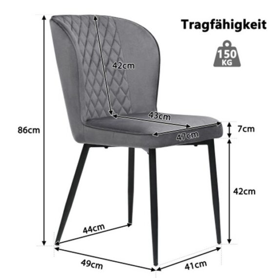 XDeer Polsterbett Esszimmerstuhl (2 St),Polsterstuhl Design Stuhl mit Rückenlehne, Sitzfläche aus Samt Gestell,Dunkelgrau