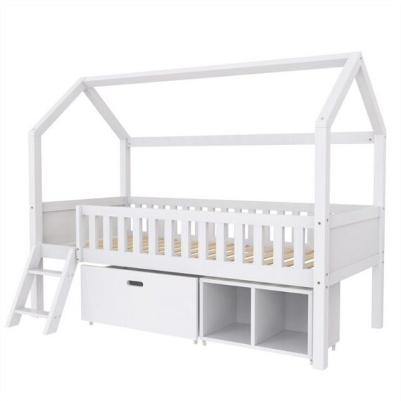 autolock Kinderbett Kinderbett Jugendbett 200x90 Mit Schubladen und Ablagefächern, Geeignet für Jungen und Mädchen Mit Anti-Drop-Geländer