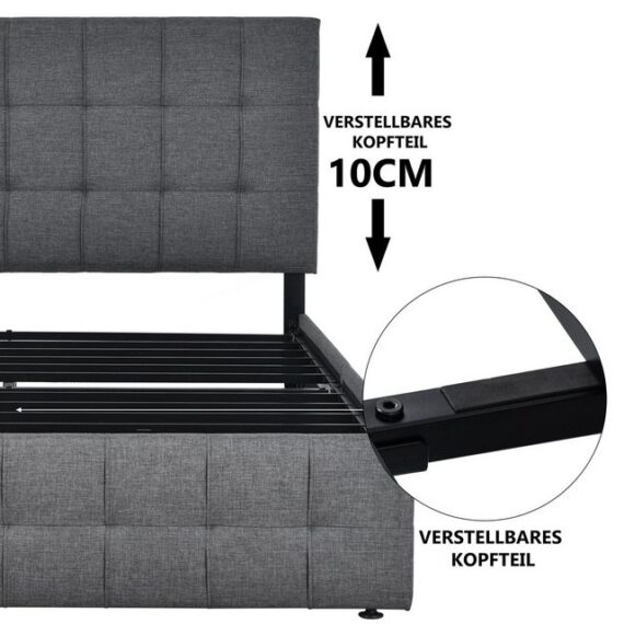 liebtech Polsterbett mit 4 Schubladen, 140x200 cm, gepolstertes Kopfteil mit Waffelnähten (Metalllatten, Leinenmaterial in Grau, höhenverstellbar, robust und stilvoll), hautfreundlich, einfache Montage (ohne Matratze)