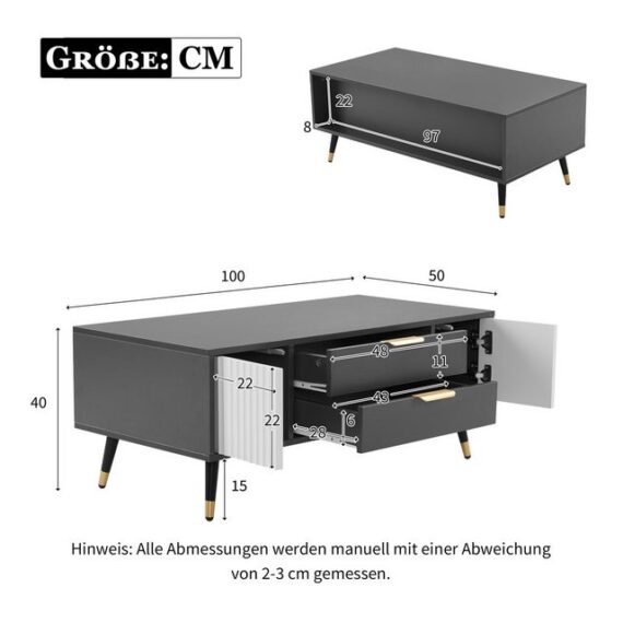 liebtech TV-ständer Modernes Rechteckiger Couchtisch- Niedriger TV-Ständer, (Hochwertige Verarbeitung, 100x50x40 cm, Mit 2 Türen, 2 Schubladen und Goldenen Akzenten, Niedriger Wohnzimmertisch, Beistelltisch)