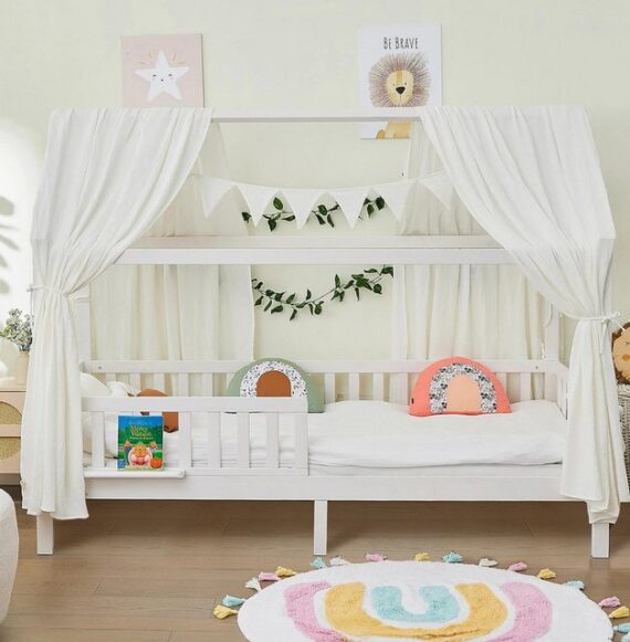 ALAVYA Home Kids Hausbett BUCHE 90x200cm inkl. Ablage Rausfallschutz und Lattenrost ab 10 Jahre, Kinderbett 90x200 Jugendbett für Mädchen und Jungen aus Buchenholz