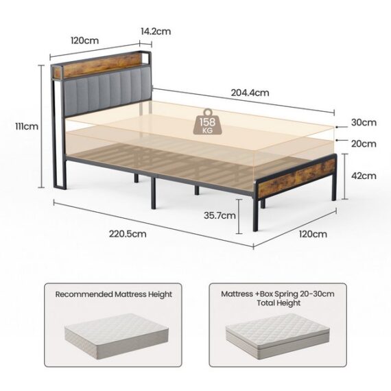 Bealife Polsterbett Einzelbett,Bettgestell mit Kopfteil,Holzbett mit Metall,120x200