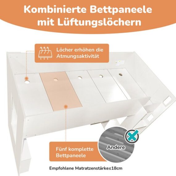 Flieks Hochbett Kinderbett Einzelbett 90x200cm mit Stauraumfächern und Kleiderschrank